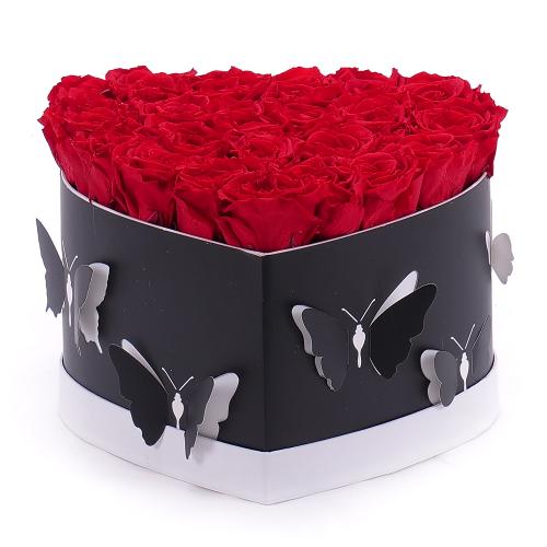 Preserved black butterfly heart box  22 red roses "M"