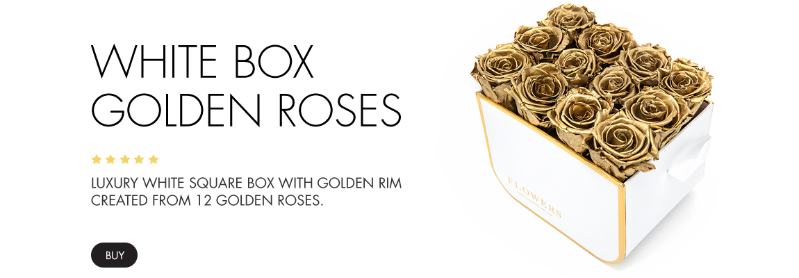 Preserved white square box 12 golden roses