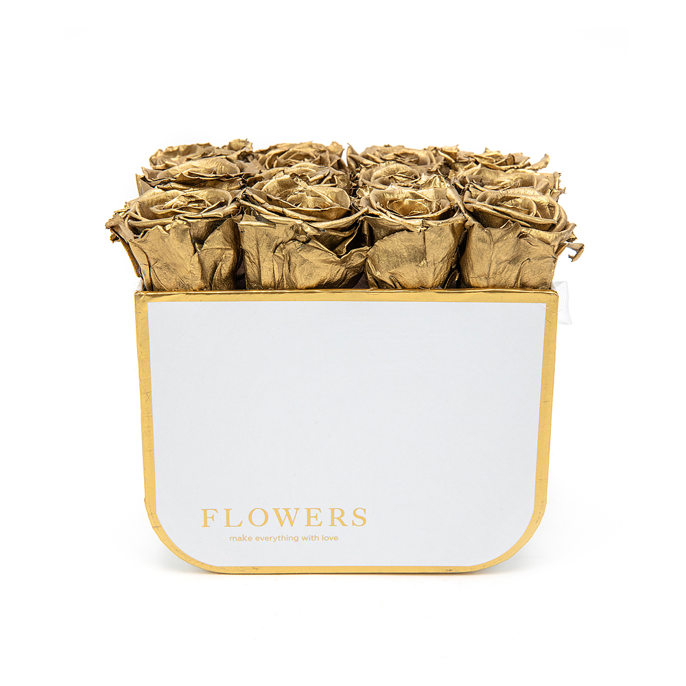 Preserved white square box 12 golden roses "L"