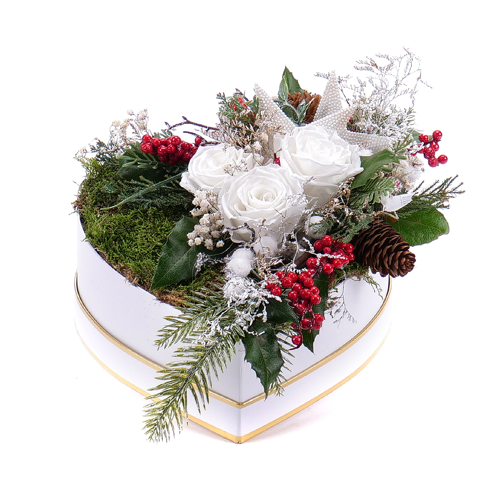Preserved white heart box 21 red roses